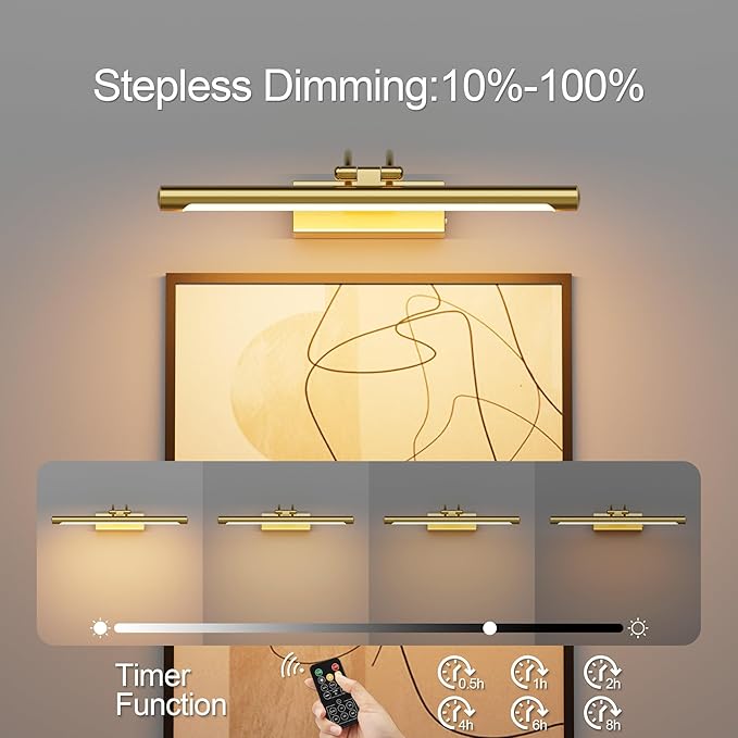 Cordless Picture Light with Remote, Battery Operated Wall Sconce for Artwork, 3 Colors Painting Light Dimmable and Timer, Wireless Art Light for Display (Gold)