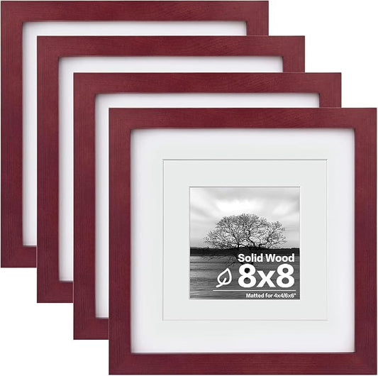 Egofine 8x8 Picture Frames 4 Pack for Picture 4x4 with Mat or 8x8 whitout Mat Made of Solid Wood Covered by Plexiglass for Table Top Display and Wall Mounting Photo Frame, Cherry Red