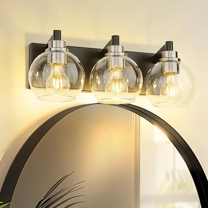 Bathroom Light Fixtures, 3-Light Black and Brushed Nickel Bathroom Vanity Light, Modern Wall Sconces with Globe Clear Glass Shade, Vanity Lighting Fixtures Over Mirror, VL195-KN-3