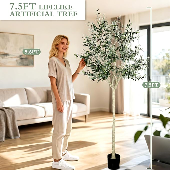 Artificial Olive Tree 7.5 ft, 90 Inch Faux Olive Tree with White Planter, Natural Olive Branches and Realistic Leaves for Modern Home Office Living Room Floor Decor