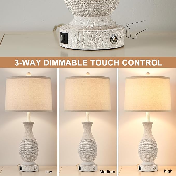 28" Rustic Farmhouse Table Lamps for Living Room Set of 2 Bedroom Lamps for Nightstand with USB A+C Charging Ports, 3-Way Dimmable Touch Bedside Lamp, Off-White, Linen Lampshade, LED Bulbs Included