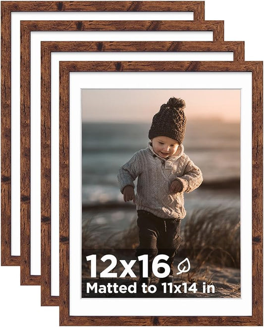 KINLINK 12x16 Picture Frame Rustic Brown, Wooden 16x12 Photo Frames with Plexiglass for 11x14 Picture with Mat or 12x16 Without Mat, Perfect for Art Wall and Tabletop Display 12 x 16 frame Set of 4