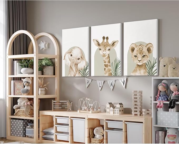 Animal Wall Art Pictures Baby Nursery Canvas Wall Art Decor Safari Animal Prints Jungle Kids Wall Art Woodland Nursery Wall Decor Giraffe Jungle Poster for Room 12x16 Inch Framed Set of 3