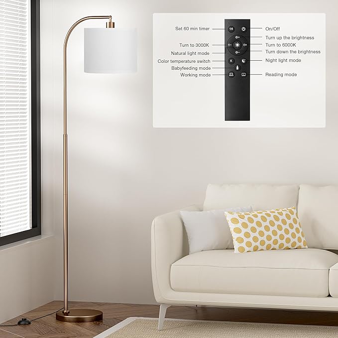 Arc Floor Lamp with Remote and Stepless Dimmable Bulb, Colors Temperature & Brightness Adjustable, Floor Lamps for Living Room（White Shade & Brown Pole）