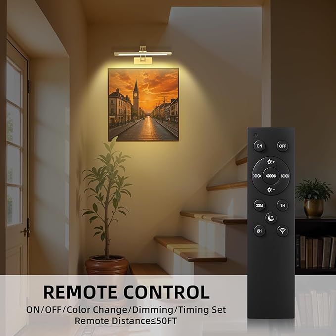 16“ Picture Lights for Wall Battery Operated, Wireless Picture Light with Remote, Rechargeable Wall Light 3000K/4000K/6000K Dimmable, Art Lighting for Paintings Frame Gallery Dartboard Light, Brass