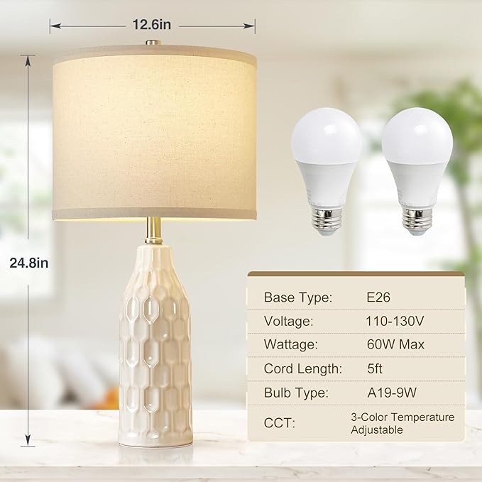 Luvkczc 24.8" Ceramic Table Lamps Set of 2 with 3 Color Temperature & Bulbs Included - Bedside Lamps for Nightstand, Living Room, Bedroom, Home Office Decor