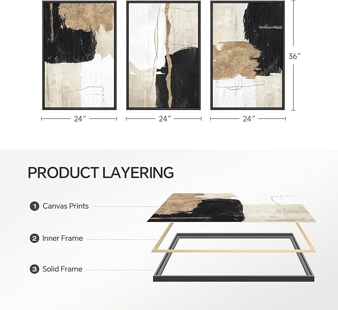 Framed Black and White Abstract Wall Art for Living Room, 3 Piece Large Canvas Modern Picture Artworks, Minimalist Black Gold Painting Prints for Dining Room Hallway Home Office Wall Decor, 24x36 Inch