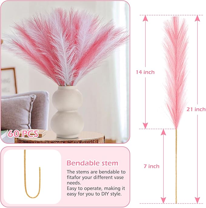 60 Pcs Pampas Grass Decor 21.7" Fluffy Faux Short Pink White Pampas Grass Artificial Small Pompas Grass Flower Vase Filler for Home Wedding Decoration