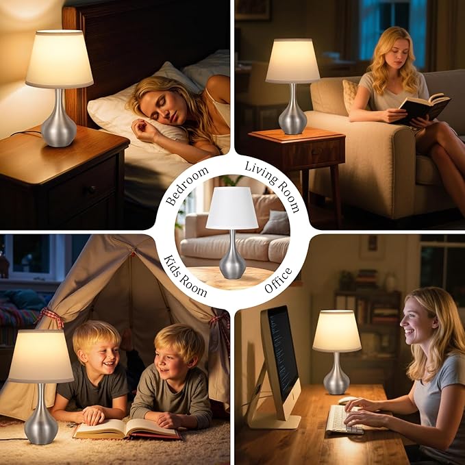 Seealle Touch Table Lamp for Bedroom, 3-Way Dimmable Small Bedside Lamps for Night Stands with Wires, Silver Desk Lamp for Kids Room, Office, Living Room, End Table(LED Bulb Included)