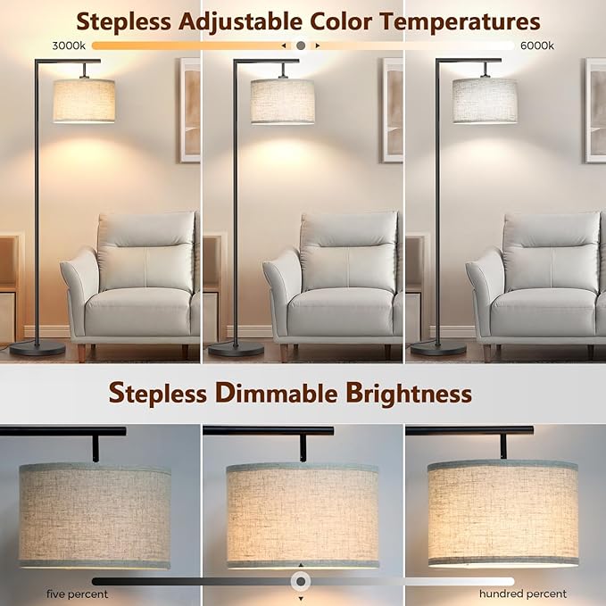 Floor Lamps with Remote Control and Stepless Dimmable Color Temperature and Brightness Standing Lamp with Adjustable Beige Linen Lampshade Pole Lamp for Bedroom Office, 9W Bulb Included, Black