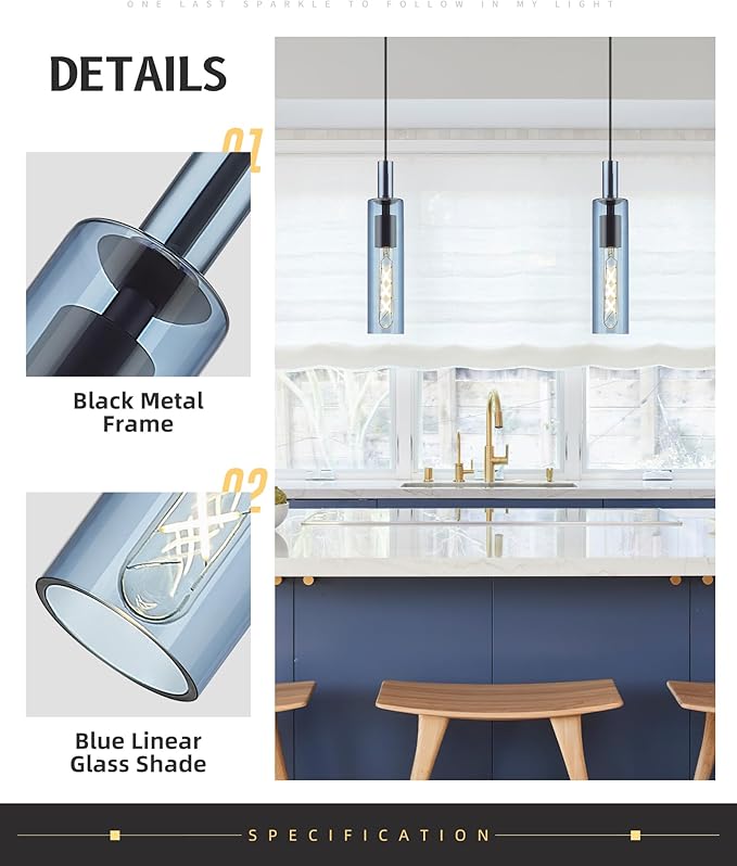 AUTELO Blue Pendant Lights, 1-Light Modern Pendant Lights Kitchen Island, Pendant Lighting with Navy Blue Glass, Linear Hanging Light in Metal Frame for Kitchen Island, Dining Room, H3875 BU