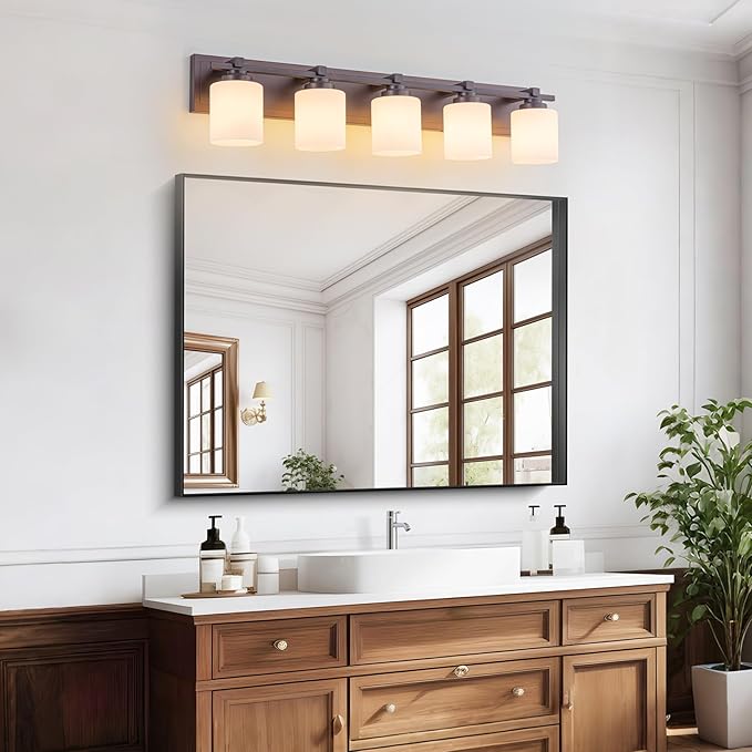 5 Light Modern Bathroom Light Fixtures Over Mirror, Bronze Finish Vanity Lights for Bathroom Wall Sconces with Milky White Glass Shades, E26 Socket (Bulbs Not Included)