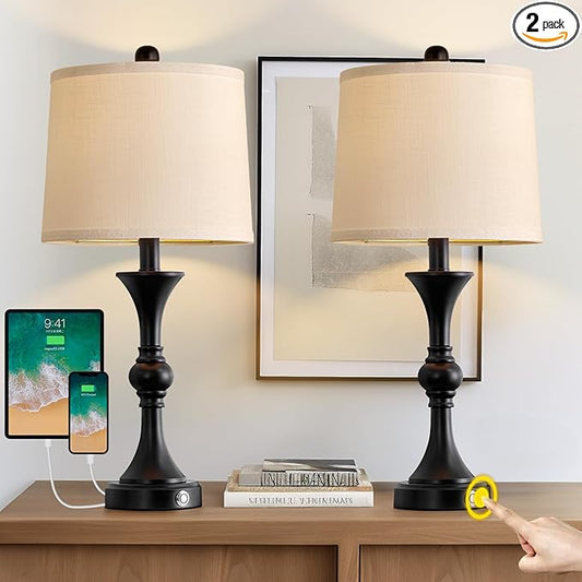 Oneach 28" Table Lamps for Living Room Set of 2, Bedside Lamps with 3 Way Dimmable Touch Lamps for Nightstand Bedroom Farmhouse Lamp End Table Lamp with USB Charging Port