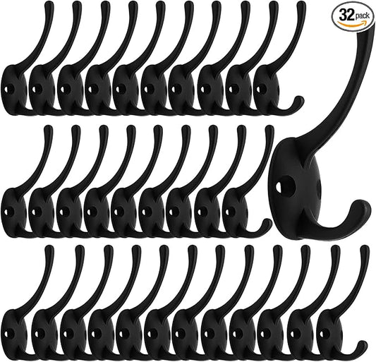 IBosins 32 Pack Black Coat Hooks Wall Mounted with 64 Screws Retro Double Hooks Utility Black Hooks for Coat, Scarf, Bag, Towel, Key, Cap, Cup, Hat