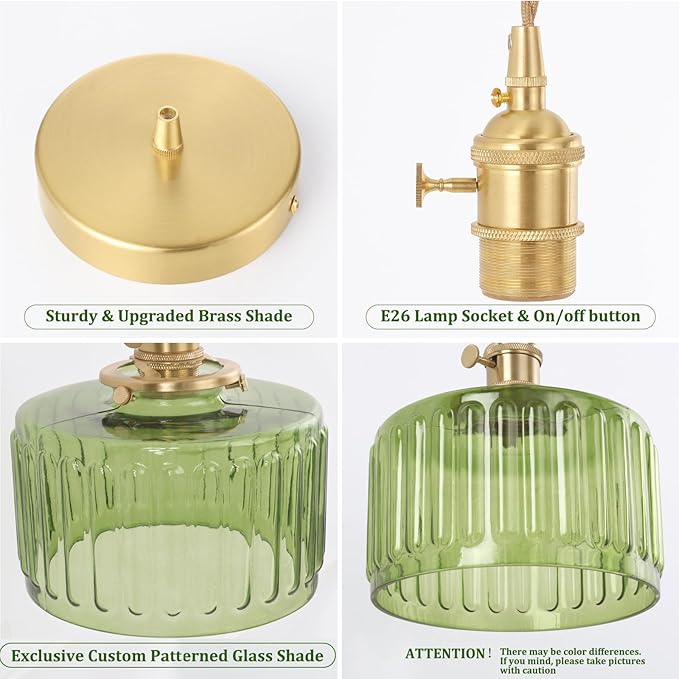 Pendant Light 2 Pack with Green Striped Glass Lmapshade, Brass Vintage Pendant Light Adjustable Hanging Light for Kitchen Island Dining Room Hallway
