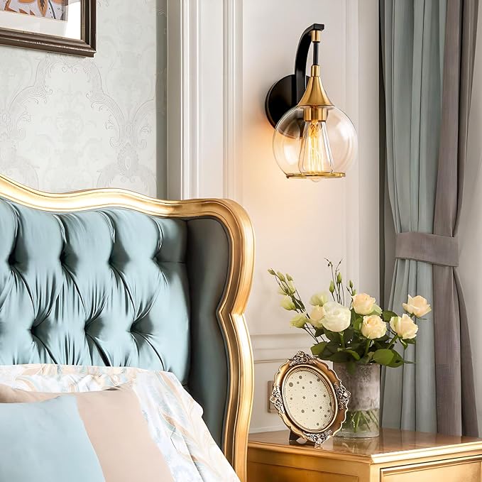 Indoor Wall Sconce, Black and Gold Wall Light Fixture with 4.9 Inches Clear Glass Shade, Bathroom Vanity Lights for Mirror, Bedroom, Hallway