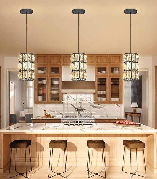 1-Lights Modern Crystal Pendant Lights for Kitchen Island LED Dimmable Glam Pendant Lighting Chandelier for Dining Room Hallway Corner Lamp Black