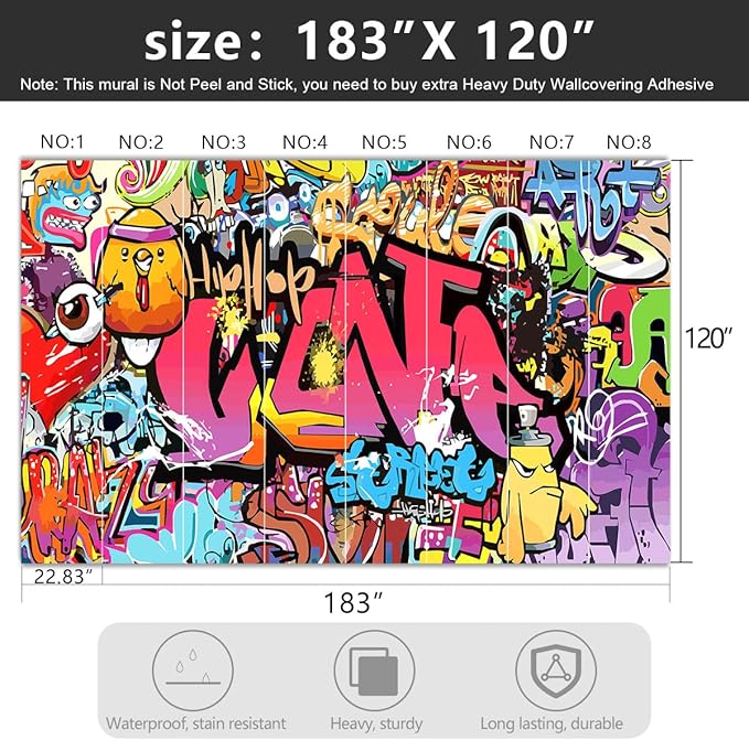 -Street Art Graffiti Wallpaper Fabric Wallpaper Living Room Bedroom Bathroom Boys Girls Children's Room Abstract Large Wall Mural- 183"x120"（ not Peel and Stick）