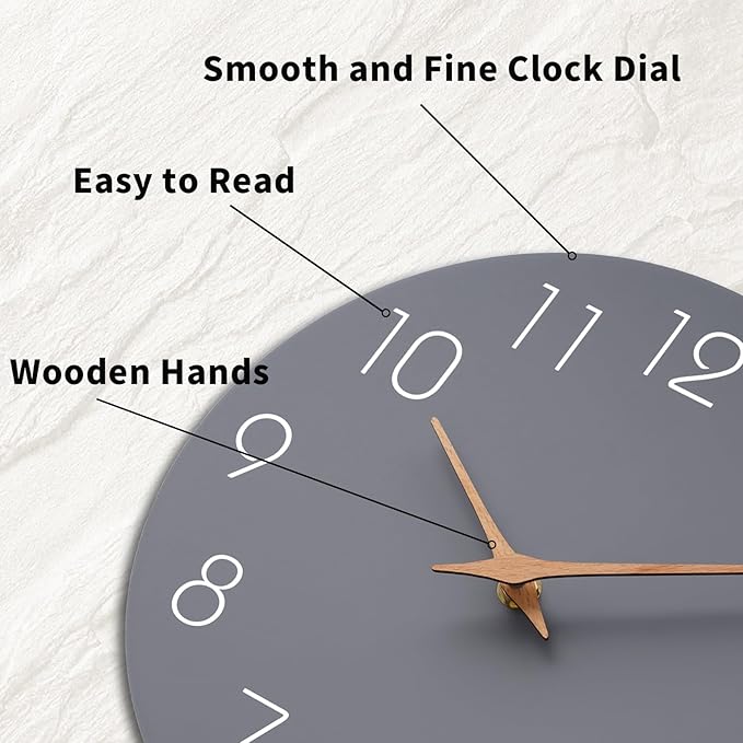 Mosewa Wall Clock 14 Inch Gray Battery Operated Silent Non Ticking Simple Modern Wood Clock Decorative for Bedroom Living Room Kitchen Home Office