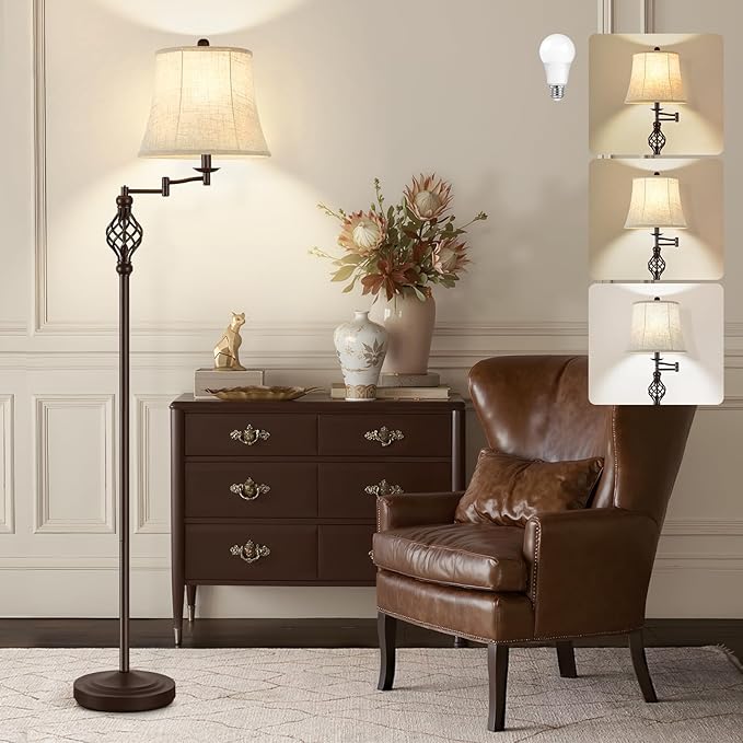 GyroVu 3 Color Temperature Floor lamp, Traditional 350° Adjustable Swing Arm Floor Lamp Vintage Pole lamp Farmhouse Lamp for Living Rooms, Rustic Standing Lamp for Bedroom Reading(Red Brown)