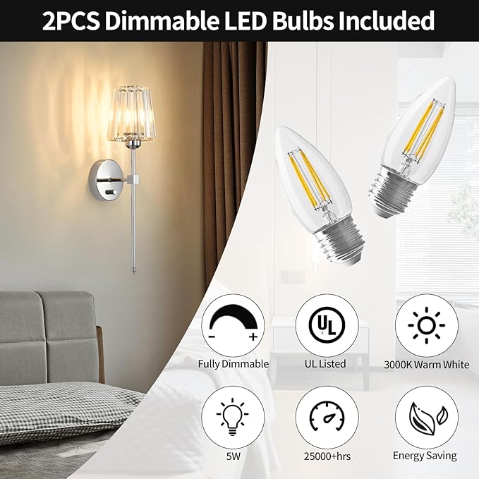 Crystal Wall Sconces Set of 2, Dimmable Wall Sconce with Plug in Cord and Dimmer Chrome Plug in Wall Lamp Wall Mounted Light with Crystal Shade for Living Room Bedroom Vanity Light, Bulbs Included