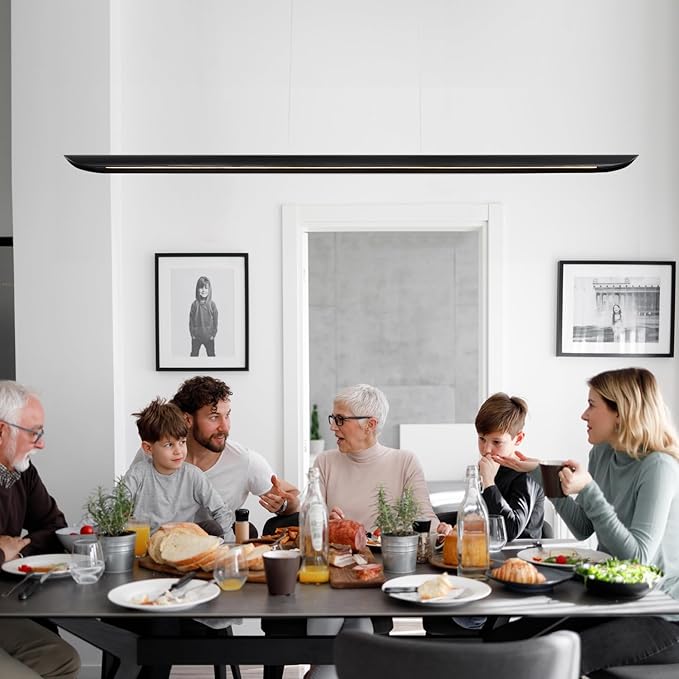 71" Wood Linear Pendant Light,Dimmable Kitchen Island Lighting with Remote,40W LED Island Lights for Kitchen,Adjustable Linear Chandelier for Dinning Room Light Fixture,Bar,Pool Table Light Black