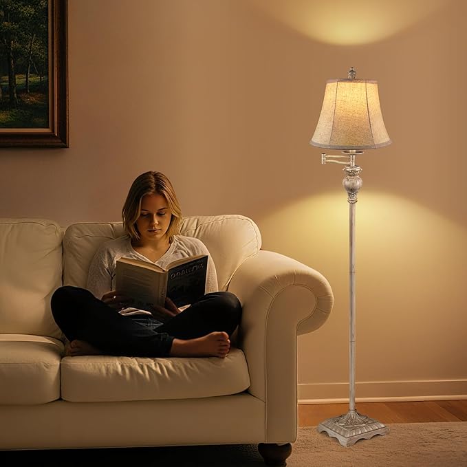 PARTPHONER Vintage Floor Lamps for Living Room,Traditional 350° Adjustable Swing Arm Farmhouse Floor Lamp for Bedroom, Rustic Standing Lamp Pole Lamps for Reading, Home Décor and Office, White