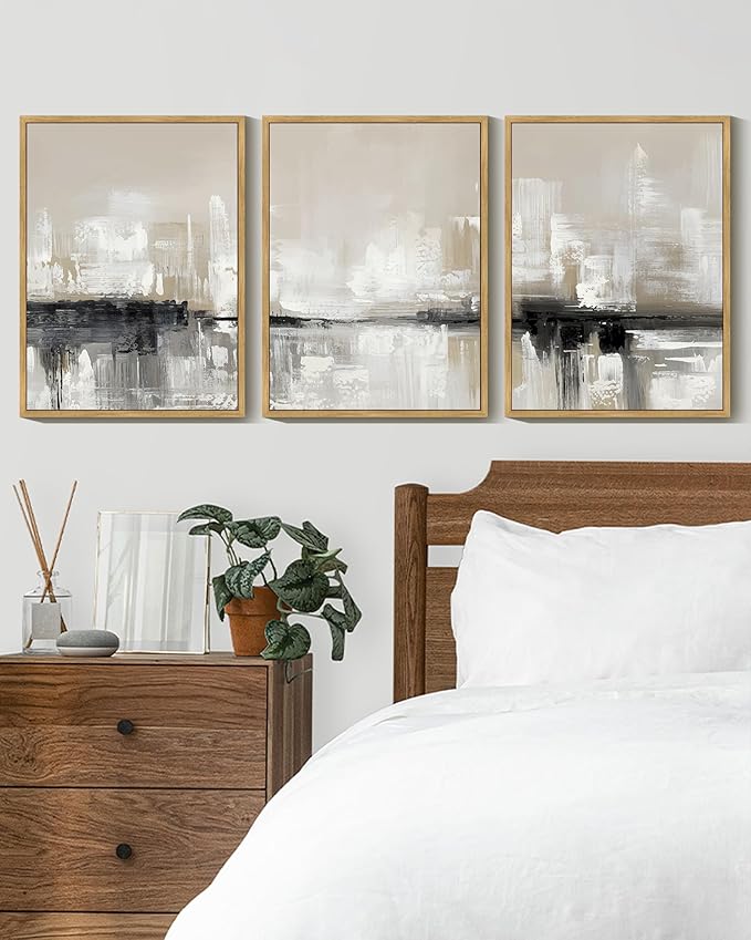 KUVIOKE Abstract Gray Framed Wall Art Neutral Brown Artwork Painting Morden Minimalist Wall Decor Rustic Home Decor 12x16in (Natural Framed)