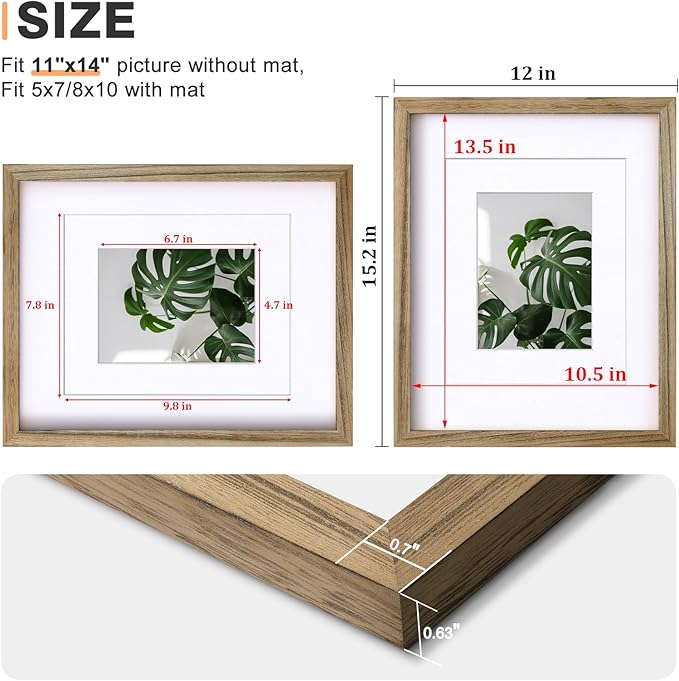 Egofine 11x14 Picture Frames with Plexiglass, Display Pictures 5x7/8x10 with Mat or 11x14 Without Mat Set of 4 for Tabletop and Wall Mounting, Carbonized Brown
