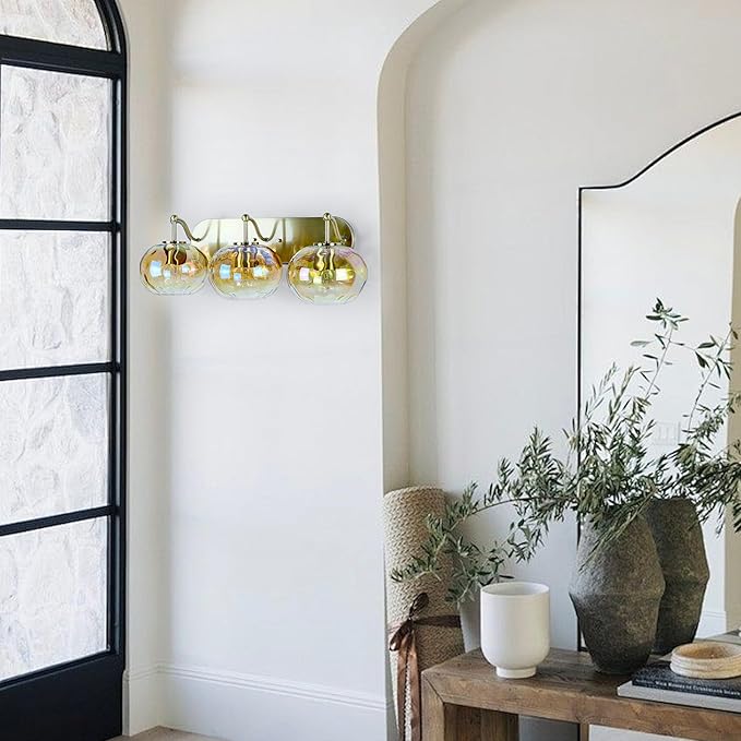 23" Brushed Gold Vanity Light Stained Amber Hammered Glass Wall Sconce 3-Light Brass Wall Lamp for Hallway Living Room Stairwell Bathroom Over Mirror