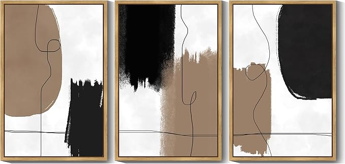 KUVIOKE Neutral Abstract Framed Wall Art Beige Mid Century Textured Wall Decor Minimalist Line Modern Illustrations Art Print Home Decor 24x36in (Natural Framed)