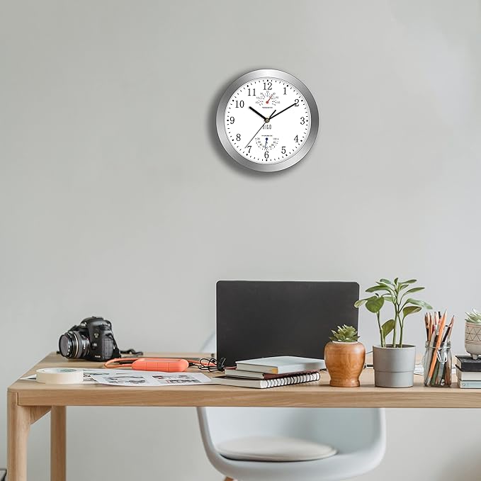 HITO 10 Inch Silent Wall Clock Battery Operated Non Ticking Glass Cover Silver Aluminum Frame, for Kitchen, Bedroom, Home Office, Living Room Decor (White)