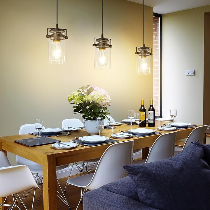 Industrial Pendant Lighting Fixtures, Hanging Pendant Lights with Seeded Glass Shade, 3 Pack Black Ceiling Light Fixture Adjustable Farmhouse Pendant Light for Kitchen Island Dining Room