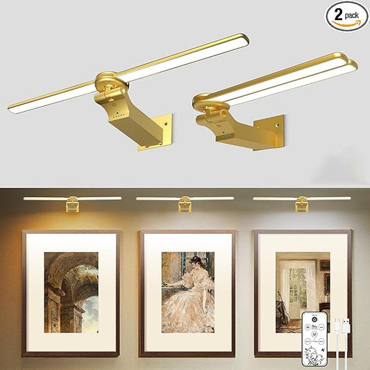 2 Pack Picture Light for Wall, 18in Rechargeable Wall Art Light with Timer and Dimmable, Painting Frame Light with Remote Control Display for Painting, Frame, Portrait, Dartboard (Gold)