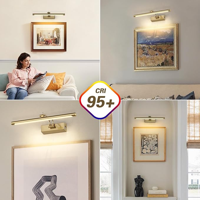 Joosenhouse Battery Operated Picture Light 5000mAh Rechargeable Wall Light 15.7" Wireless Picture Lights for Wall with Remote Control for Paintings Photo Spot Lights Indoor Brass Color
