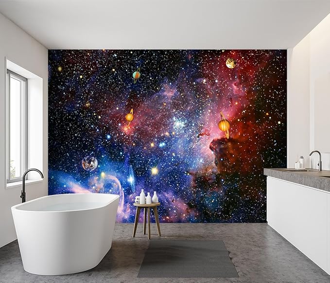 -Galaxy Universe Planet Ceiling Fabric Wallpaper Boys Girls Nursery Starry Sky Children Bedroom Bathroom Large Mural- 137"x96"（ not Peel and Stick）