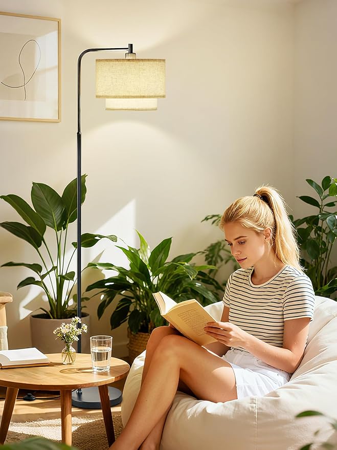 Modern Floor Lamp for Living Room Bedroom, Arc Floor Lamp with 3 Color Temperatures, Standing Lamp with Double Oatmeal Linen Lampshade, Tall Lamp with A19 12W LED Bulb, Foot Switch Control, Black