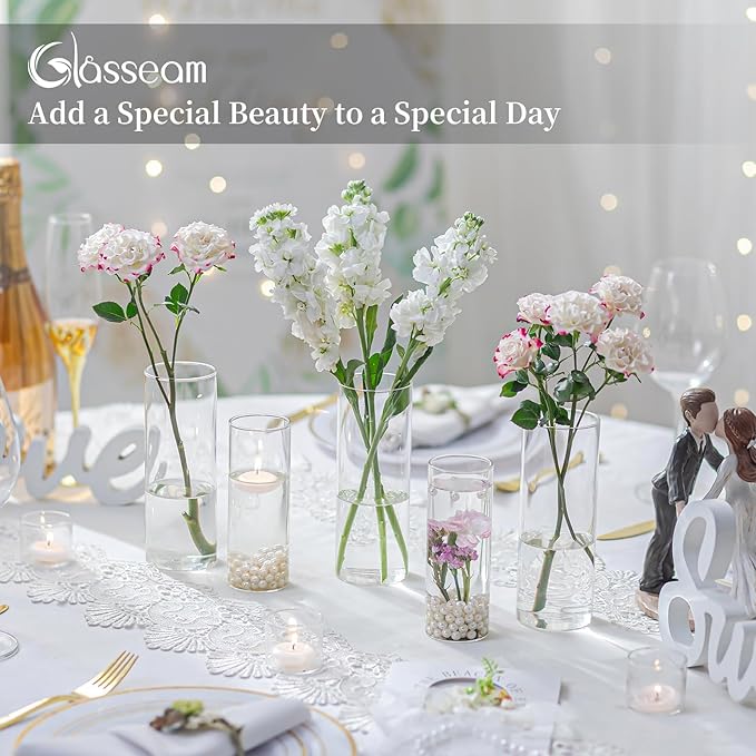 Glasseam Glass Cylinder Vase in Bulk: 12pcs Clear Small Bud Flower Vases for Centerpieces - Modern Hurricane Pillar or Floating Candle Holder for Wedding Party Table Living Room Home Decor, Tall 6"+7"