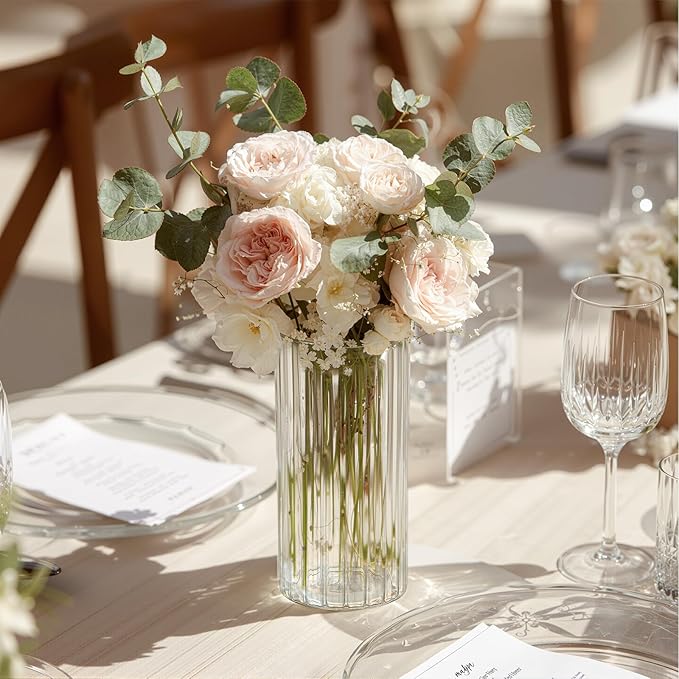 6 Inches Ribbed Glass Vase Set of 12 Packs, Small Vases for Flowers, Glass Cylinder Vases for Centerpieces, Hurricane Candle Holder for Table Shelf Party Wedding Housewarming