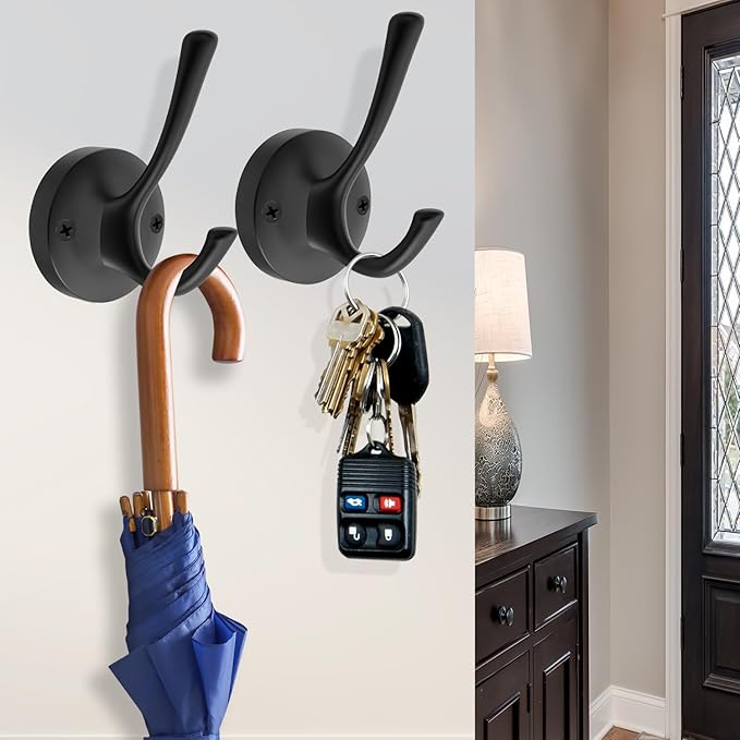 Black Wall Hooks Towel Hooks, 3 Pack Coat Hooks Robe Hook Heavy Duty Metal Double Bath Hook Wall Mounted, Hand Towel Hooks for Entryway Bathroom Kitchen Closet Garage