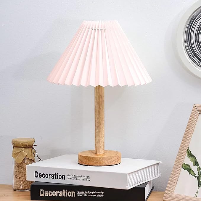 Zenply Korean Pleated Table Lamp, Cute Pink Small Table Lamp Nightstand Lamp, Mini Bedside Lamp for Bedroom Living Room Small Spaces, Small Table Lamp, with LED Bulb
