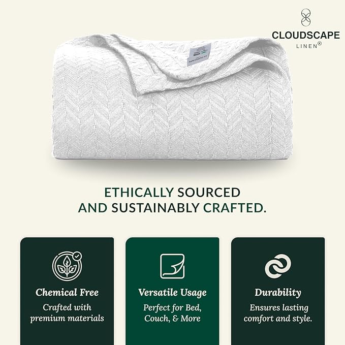 Cloud Scape Linen Herringbone Cotton Throw Blanket for Couch, Bed,Sofa, Home Decor, Soft, Lightweight, All-Season Bed Blanket, 50 x 70, White