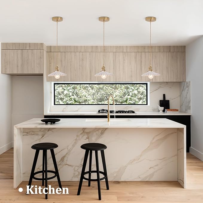 Pendant Light 2 Pack with White Pleated Ceramic Lmapshade, Brass Vintage Pendant Light Adjustable Hanging Light for Kitchen Island Dining Room Hallway