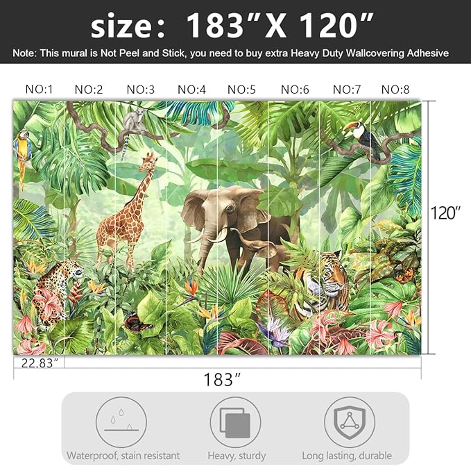 -Green Rainforest Plants Animals Tiger Cloth Wallpaper Jungle Plants Banana Leaves Boys Girls Kindergarten Children's Room Large Mural- 183"x120"（ not Peel and Stick）