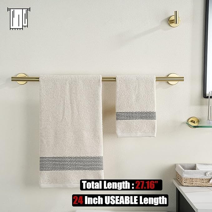JQK Bath Towel Bar, 27 Inch Brushed Light Gold Towel Rack Bathroom, 304 Stainless Steel Thicken 0.8mm Towel Holder Wall Mount, Useable Length 24 Inch, TB110L24-BG