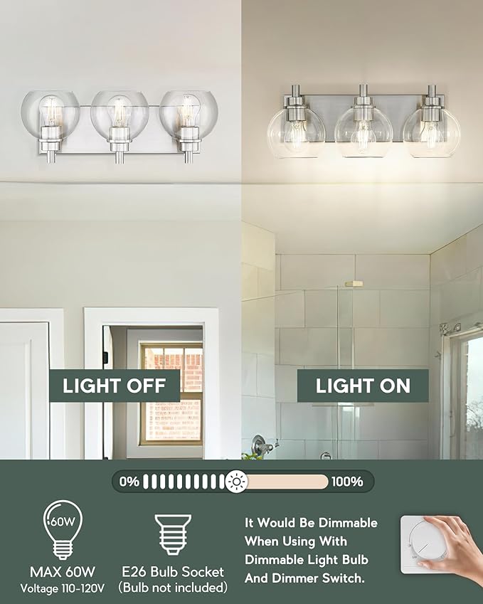 Bathroom Light Fixtures, 3-Light Brushed Nickel Vanity Light, Modern Wall Sconces with Globe Clear Glass Shade, Vanity Lighting Fixtures Over Mirror, VL195-BN-CL-3