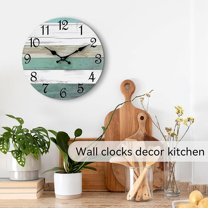 CHYLIN Wall Clock Silent Non Ticking Wall Clocks Battery Operated,Teal Rustic Clock Decorative for Kitchen Bathroom Bedroom Living Room(8 Inch)