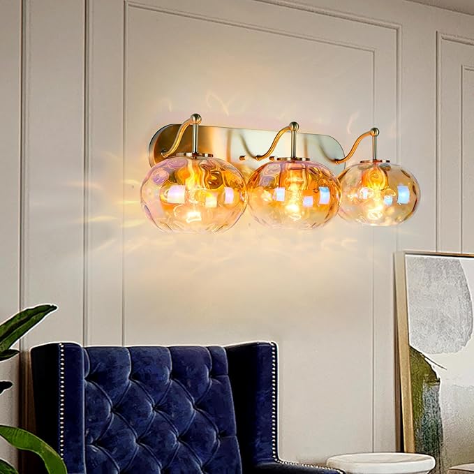 23" Brushed Gold Vanity Light Stained Amber Hammered Glass Wall Sconce 3-Light Brass Wall Lamp for Hallway Living Room Stairwell Bathroom Over Mirror