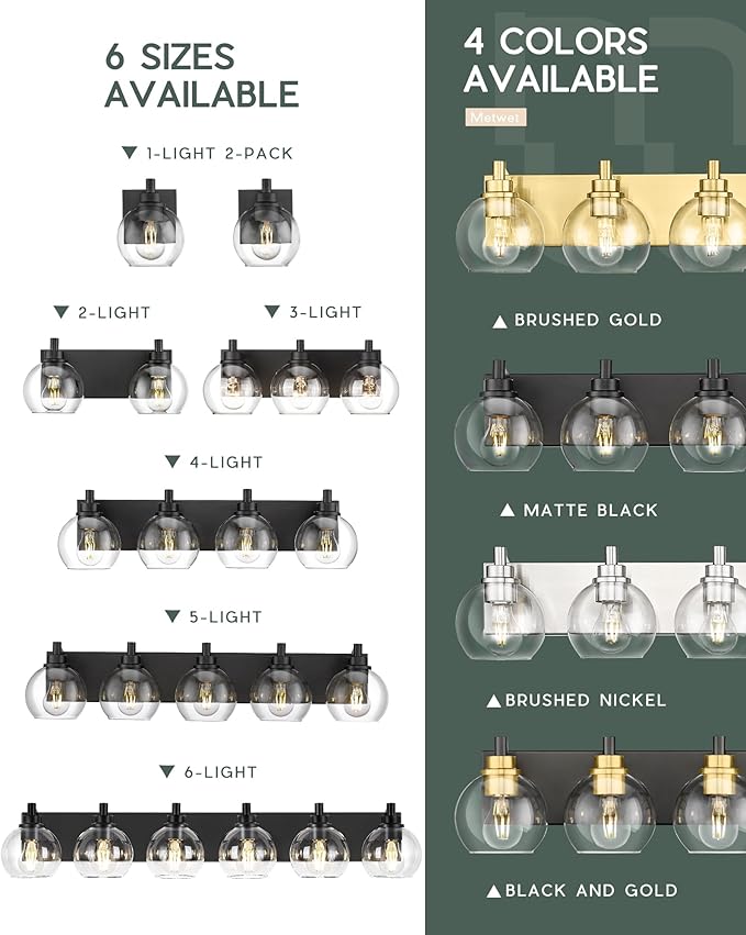 Bathroom Light Fixtures, 6 Light Matte Black Vanity Light, 38 Inch Modern Wall Sconces with Globe Clear Glass Shade, Vanity Lighting Fixtures Over Mirror, VL195-MB-6