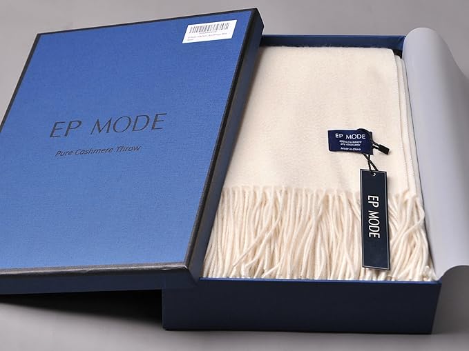 EP Mode 100% Pure Cashmere Throw Blanket for Sofa, Classic Design with Gift Box (Whisper White)